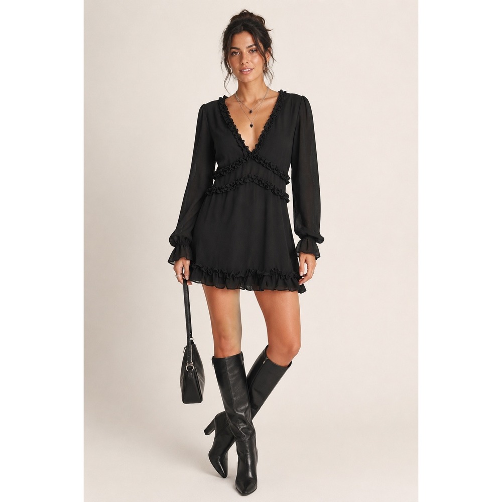 Womens Medium Black Ruffle Mini Dress Sheer Deep Plunge Open Back Romantic Goth